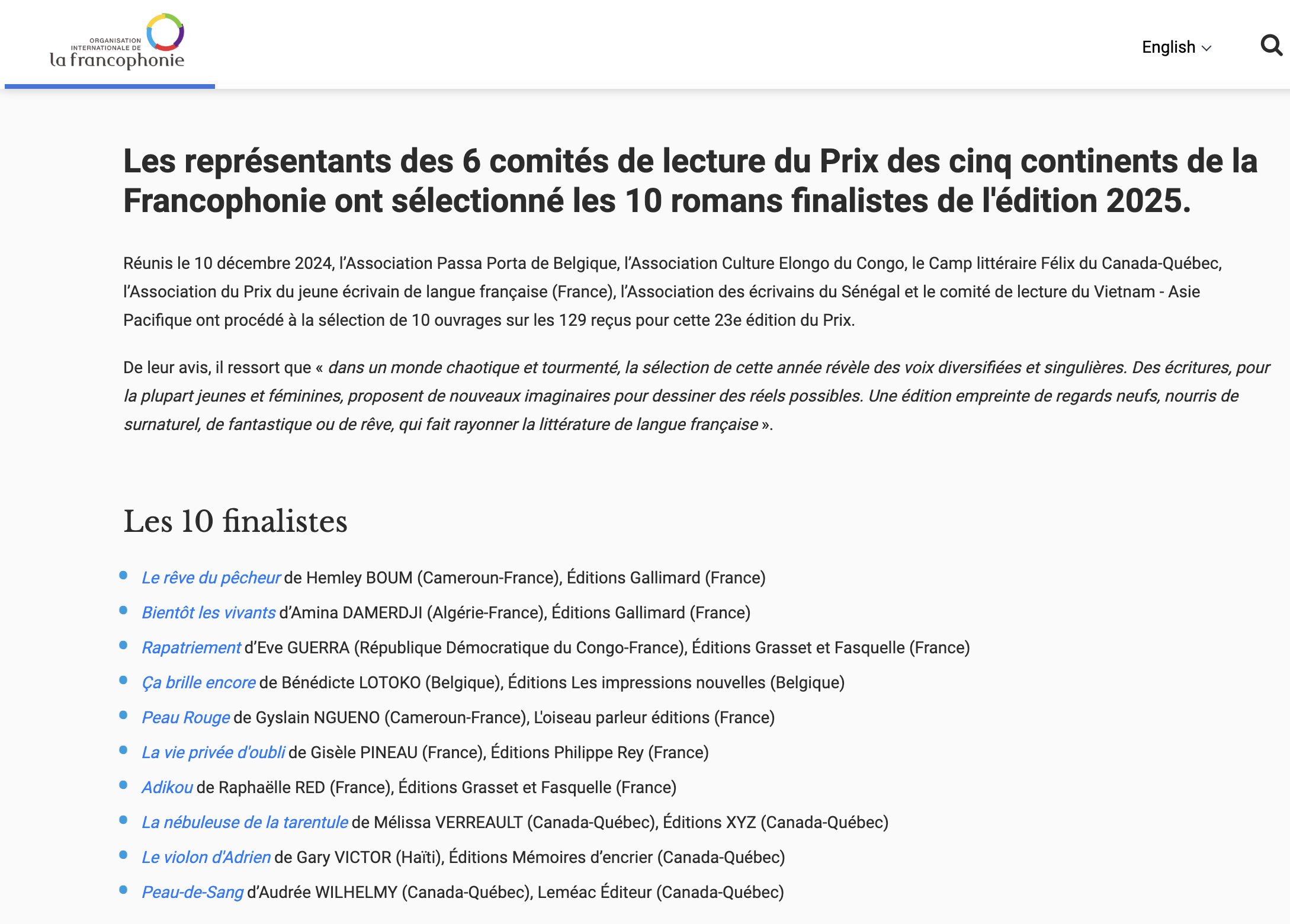 prix des cinq continents de la francophonie 2025